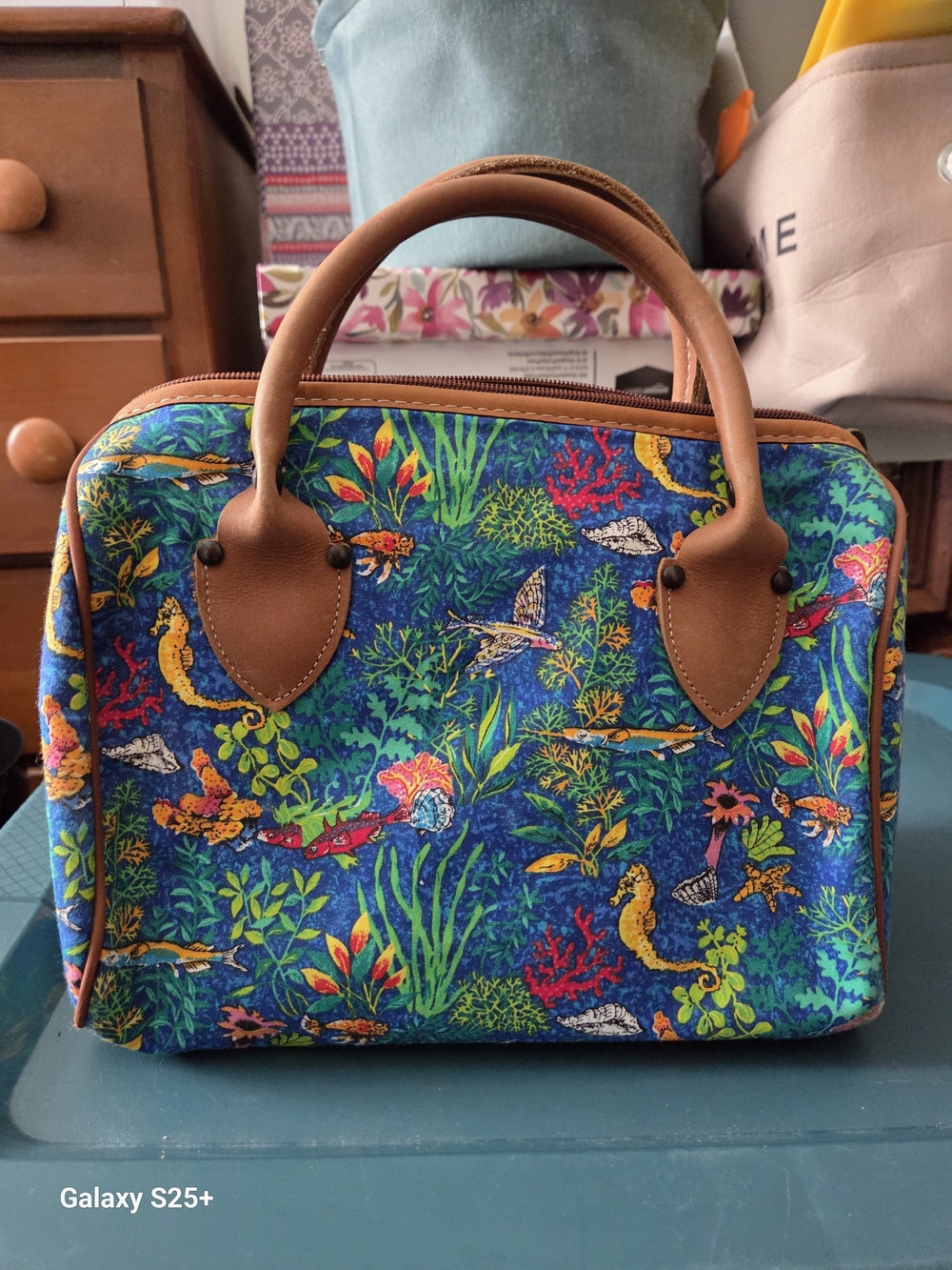 Blue Floral Underwater Canvas Satchel with Brown Trim